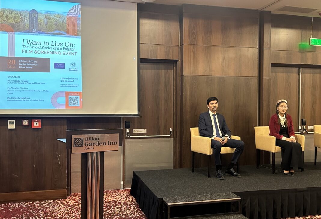 Изображение-2-scaled Director Alimzhan Akhmetov and fourth generation nuclear testing survivor Diana Murzagaliyeva. Photo credit: Aibarshyn Akhmetkali/The Astana Times