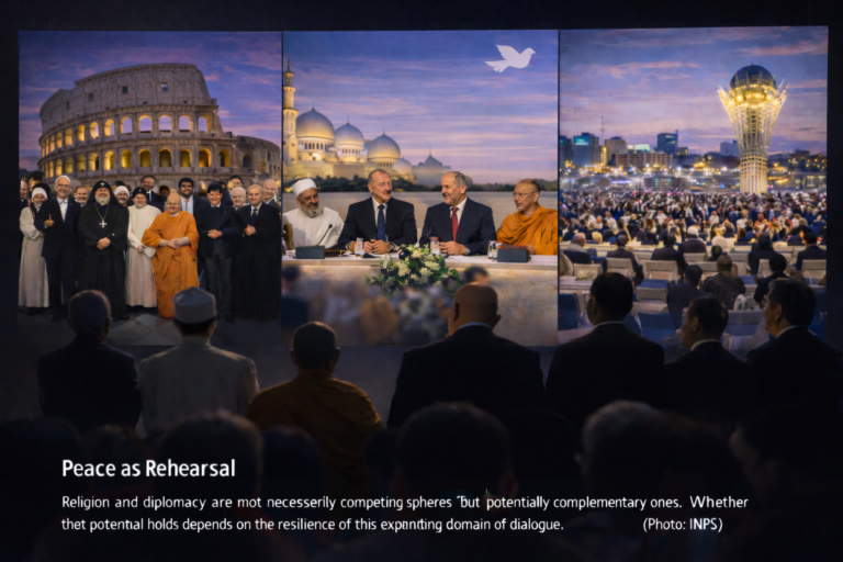 Participants observe a visual montage linking Abu Dhabi’s Zayed Award ceremony, the Sant’Egidio interfaith forum in Rome and the Astana Congress of Leaders of World and Traditional Religions — symbolizing the emerging “rehearsal space” where religion, civil society and state diplomacy converge. (Photo: INPS / Illustrative image)