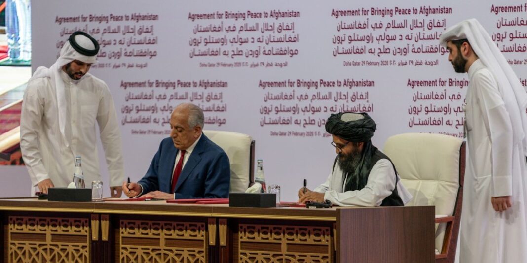 Image: US and Taliban representatives sign the agreement in Doha, Qatar on February 29, 2020 US Department of State/Wikicommons