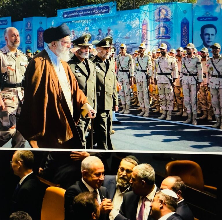 Top: Iran’s Supreme Leader walks alongside senior IRGC commanders during a military parade in Tehran. Bottom: Israeli Prime Minister Benjamin Netanyahu and far-right coalition allies confer inside the Knesset. Theocrats and Securocrats—at the heart of the Iran–Israel conflict. Credt: ATN