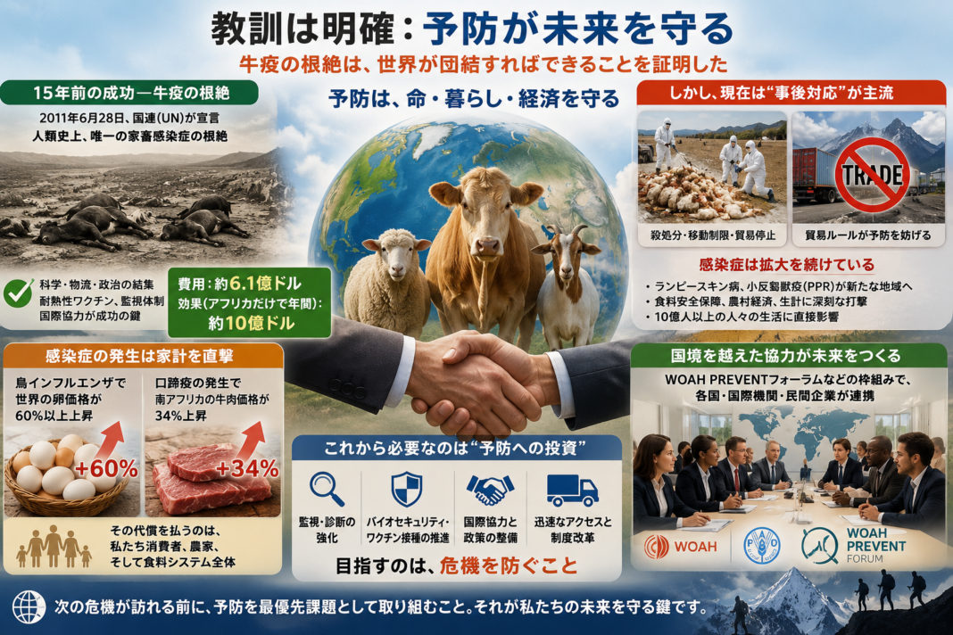 An infographic illustrates how the eradication of rinderpest demonstrates the power of prevention, vaccination, surveillance and international cooperation in protecting livestock, food security and household economies from costly animal disease outbreaks. Graphic: INPS Japan