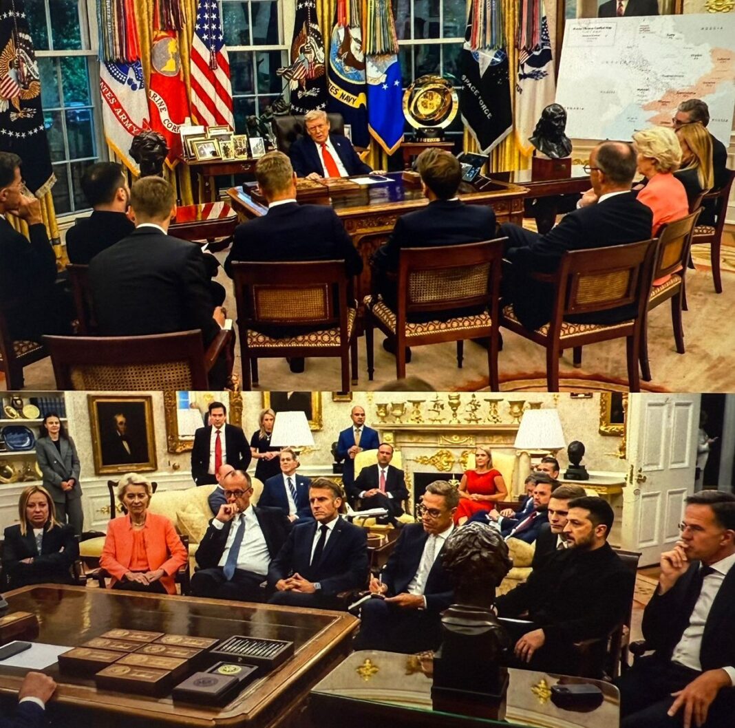 White House Meeting President Trump meets with President Zelenskyy and European leaders in the Oval Office, weighing Ukraine’s future on a map spread before them.