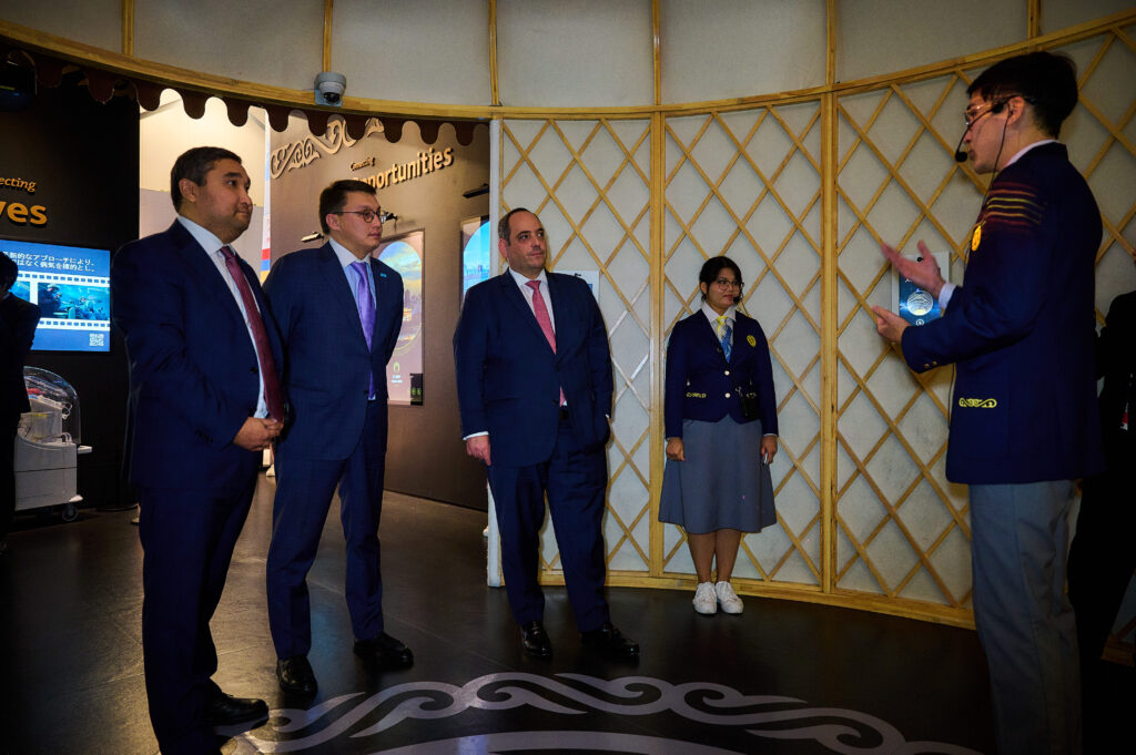Dimitri Kerkentzes, Secretary General of the Bureau International des Expositions (BIE), Mr. Diyas Azbergenov, Chairman of the Management Board of “QazExpoCongress” NC JSC, and Mr. Daulet Yerkimbayev, Commissioner General of the Kazakhstan Pavilion, during a tour of the Pavilion at EXPO 2025 Osaka. Photo Credit: QazExpoCongress NC JSC