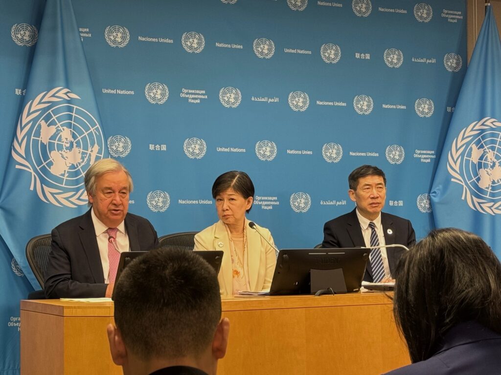 UN Secretary-General António Guterres (left) address reporters in New York at the launch of his new report on global military spending in 2024. Credit: Naureen Hossain/IPS