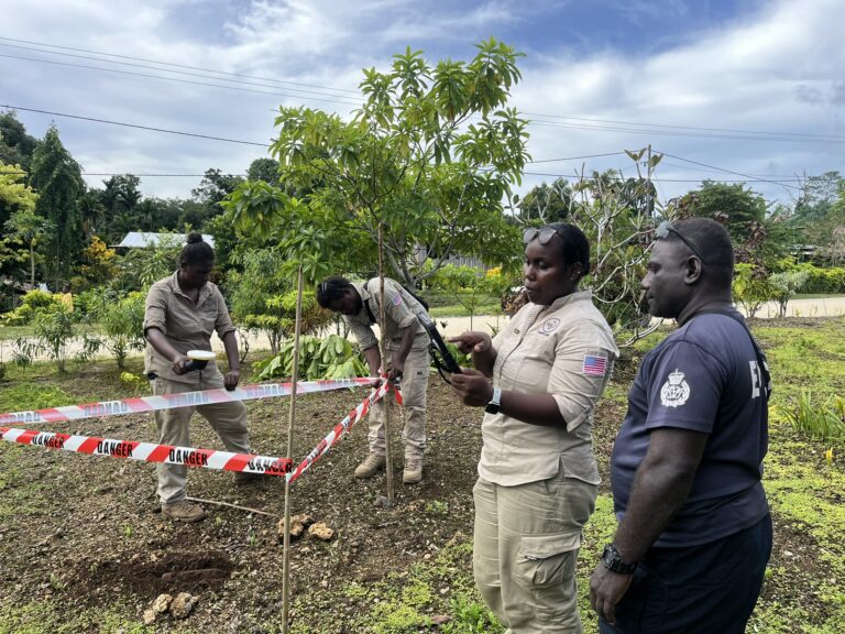 HALO coordinating with the Royal Solomon Islands Police Force Explosive Ordnance Disposal Department (RSIPF EODD) to record the location of UXO in Dunde area, Munda, Western Province. Credit: HALO TRUST.