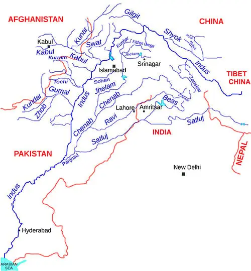 Map showing Indus River Basin without boundaries of disputed region. (By Kmhkmh and boundaries of disputed regions removed by Fowler&fowler).