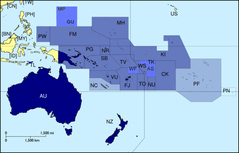 Image: Members (dark blue) of the Pacific Islands Forum. CC BY-SA 3.0 Source: Wikimedia Commons.