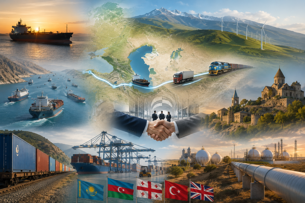 The Middle Corridor, linking Central Asia, the South Caucasus, Türkiye and Europe through rail, maritime and energy networks, as the UK looks to diversify trade routes amid growing instability in Middle East energy corridors. Image: INPS Japan