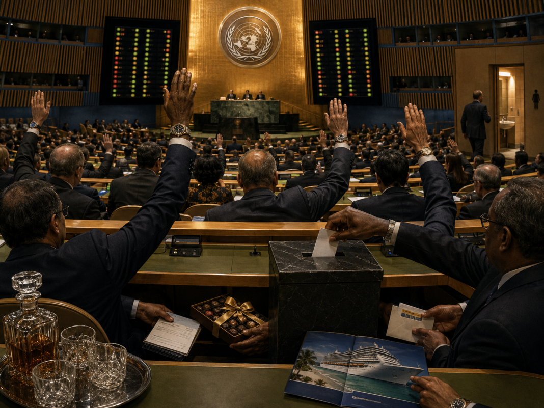 An editorial illustration evokes an earlier era of UN elections, when vote-trading, cheque-book diplomacy and luxury inducements were said to shadow the formal rituals of international diplomacy.　Image: INPS Japan