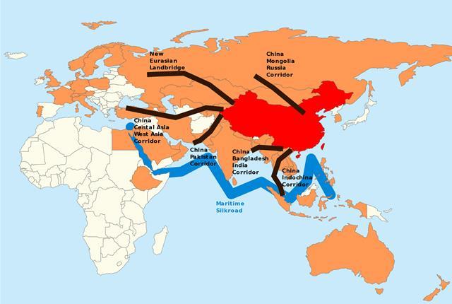 China in Red, the members of the Asian Infrastructure Investment Bank in orange. The proposed corridors and in black (Land Silk Road), and blue (Maritime Silk Road)./ By Lommes - Own work, CC BY-SA 4.0