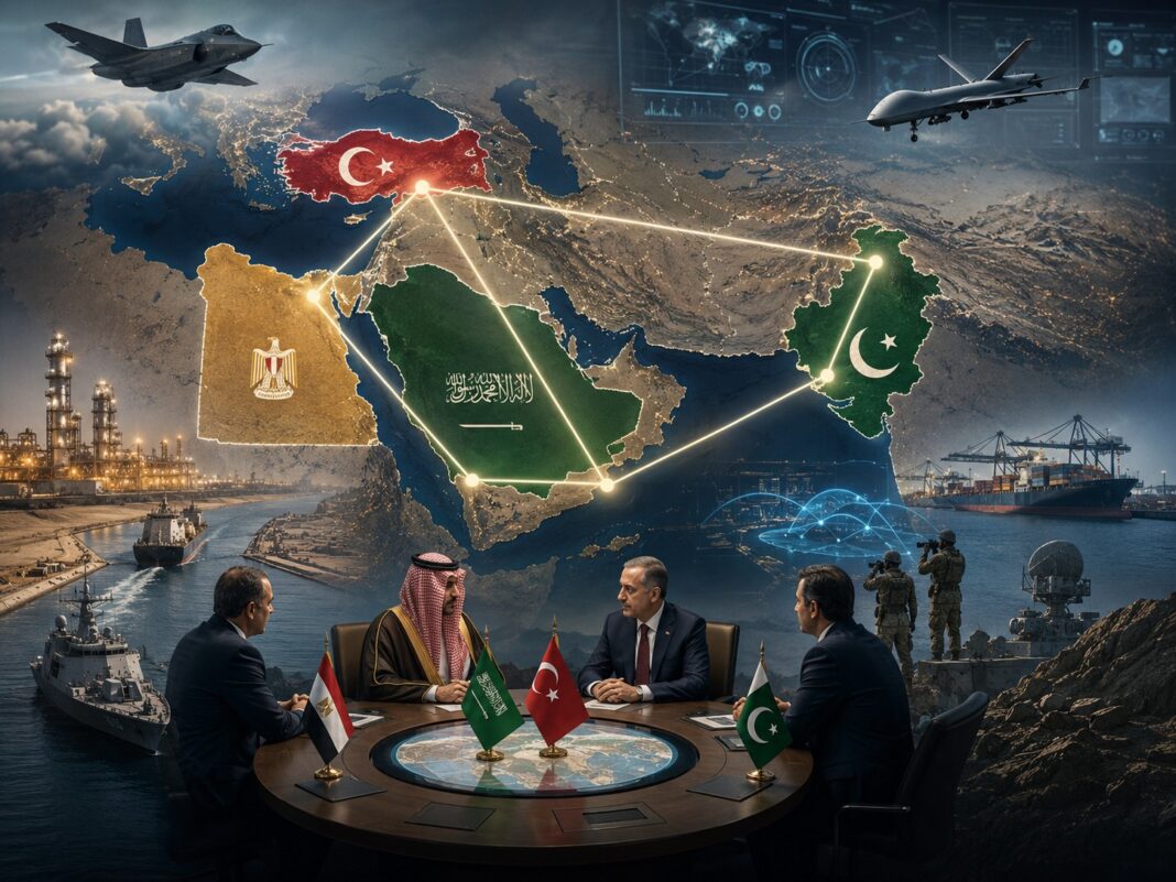 A visual representation of the emerging security convergence among Saudi Arabia, Turkey, Egypt and Pakistan, highlighting their growing defense, diplomatic and strategic coordination across the Middle East and South Asia. Graphic: INPS Japan