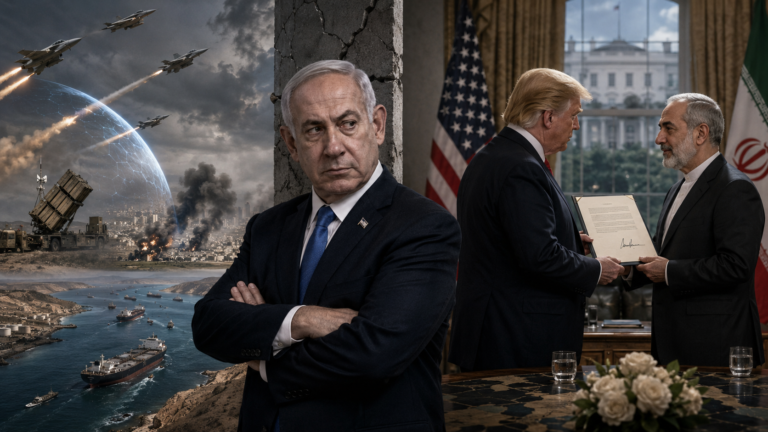 Benjamin Netanyahu stands isolated as Donald Trump turns toward diplomacy with Iran, while scenes of airstrikes, missile defenses and oil tankers evoke the widening rupture between Israel’s wartime strategy and Washington’s push for a regional peace deal.　Image: INPS Japan