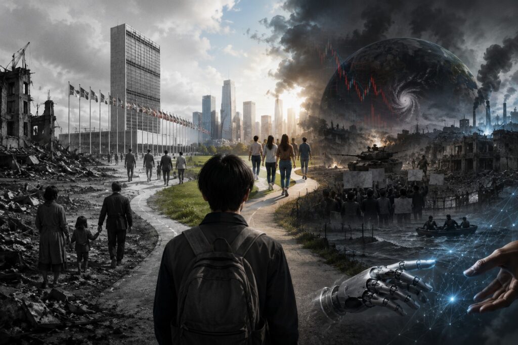 A new generation faces a world shaped by interconnected crises—from climate change and conflict to inequality and artificial intelligence—raising profound questions about the future of global citizenship. Credit: AI-generated illustration. Image: INPS Japan