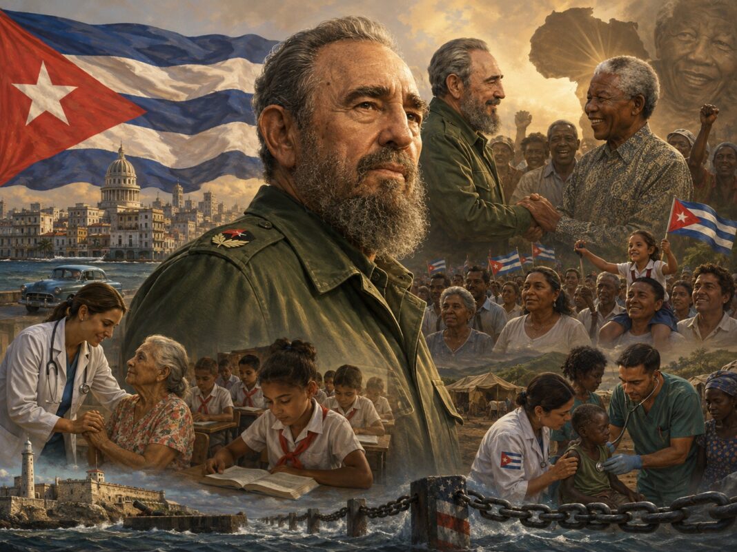 Fidel Castro’s legacy is remembered through Cuba’s achievements in healthcare and education, its international medical solidarity, and its support for anti-colonial and anti-apartheid struggles, including its historic ties with Nelson Mandela and South Africa. Image: AI-generated illustration / INPS Japan