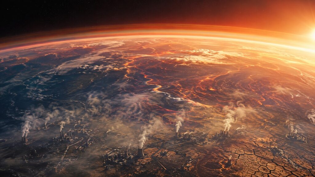An AI-generated editorial illustration depicts a warming Earth, with industrial emissions and drought-scarred land symbolizing the human-driven rise in greenhouse gases behind the three warmest years on record, from 2023 to 2025. Image: INPS Japan.