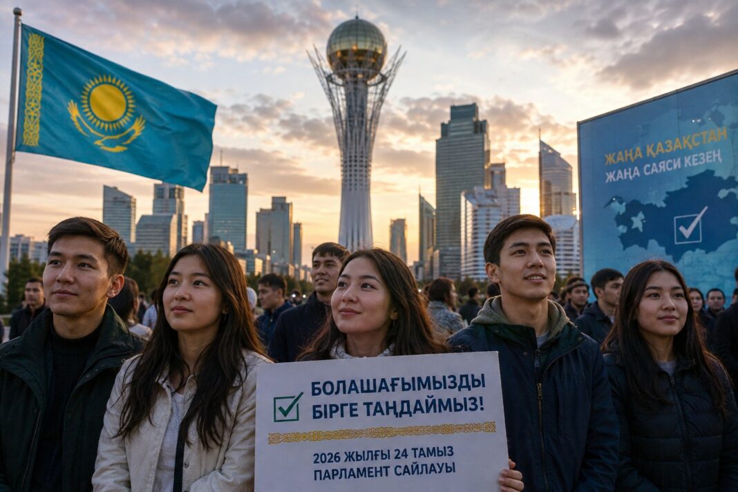 Young Kazakhs gather in Astana ahead of the parliamentary election, reflecting growing expectations among a new generation for greater political participation, stronger institutions and a more responsive future. Illustration: INPS Japan