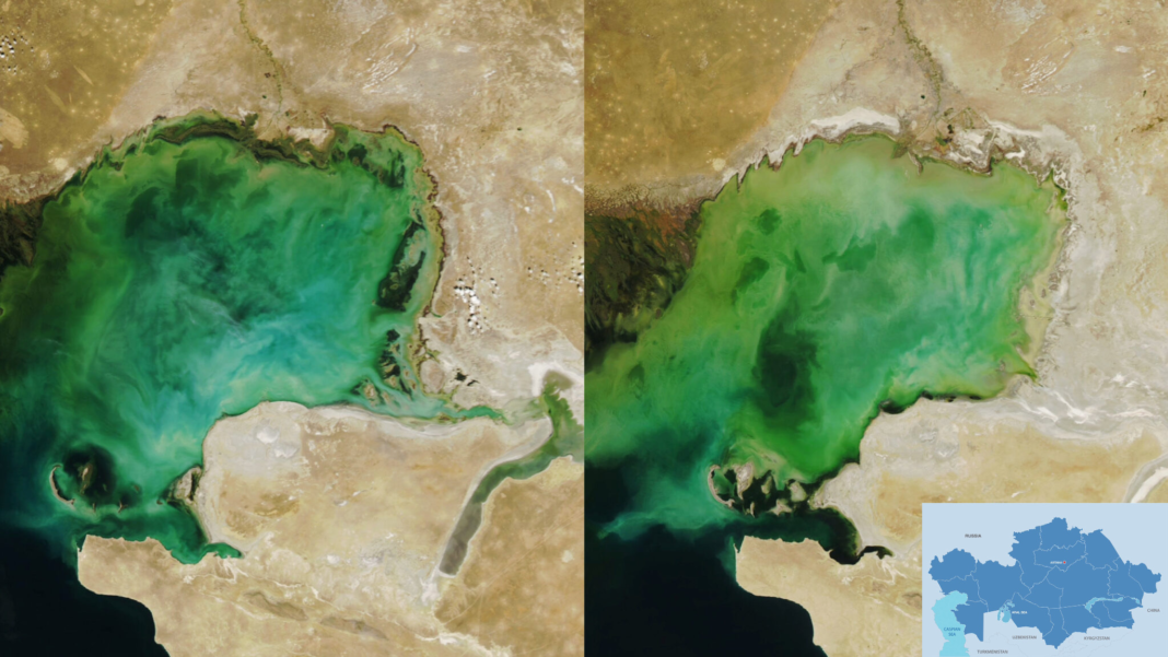 NASA satellite images of the Caspian Sea as of September 2006 (L) and September 2022 (R). Photo credit: NASA Click to see the map in full size. The map is designed by The Astana Times.