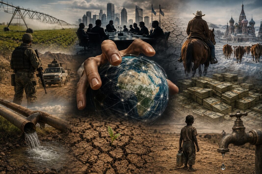 An AI-generated conceptual illustration of the global race by governments, corporations and military interests to control land, food and water as the climate crisis intensifies.　Image: INPS Japan
