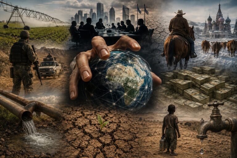 An AI-generated conceptual illustration of the global race by governments, corporations and military interests to control land, food and water as the climate crisis intensifies.　Image: INPS Japan