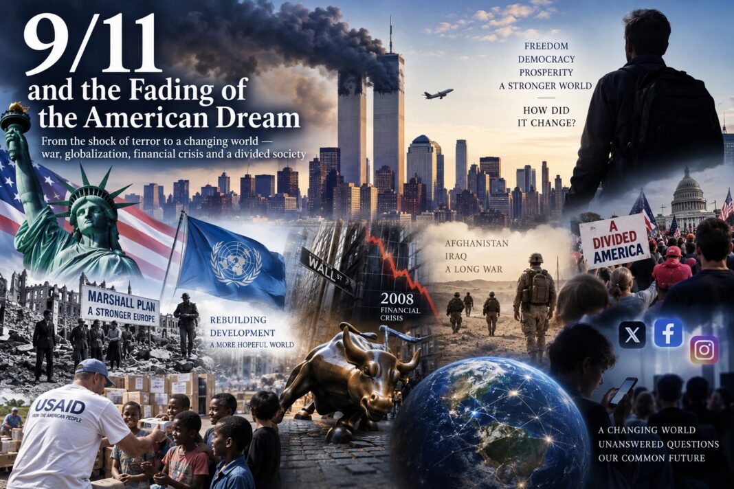 9/11 and the fading of the American Dream. An illustrated montage traces the shifting image of the United States—from post-war reconstruction and global leadership to the September 11 attacks, wars in Afghanistan and Iraq, the 2008 financial crisis, and deepening divisions in the digital age. | Image: INPS Japan