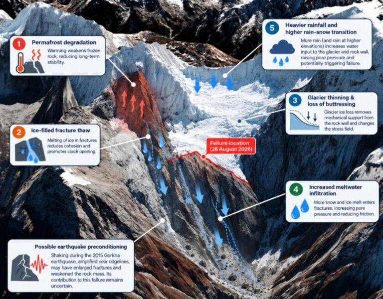 Conceptual representation of the main mechanisms through which climate variability and climate change may have influenced the stability of the Langtang north face in addition to earthquake preconditioning. https://nepalitimes.com/climate-warming-set-off-nepal-disaster-report
