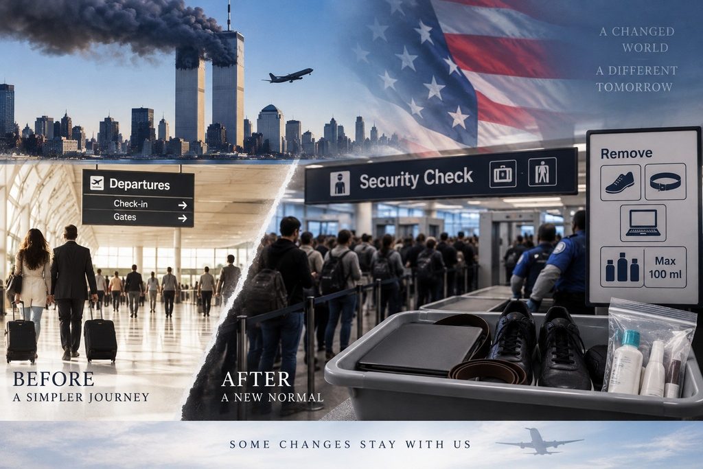 The lasting legacy of 9/11 in everyday life. The attacks transformed not only geopolitics and security policy but also the routines of ordinary air travel. Stricter screening, restrictions on liquids and longer security procedures have become a “new normal” so familiar that younger generations have never known the world that existed before September 11, 2001. | Image: INPS Japan / AI Generated