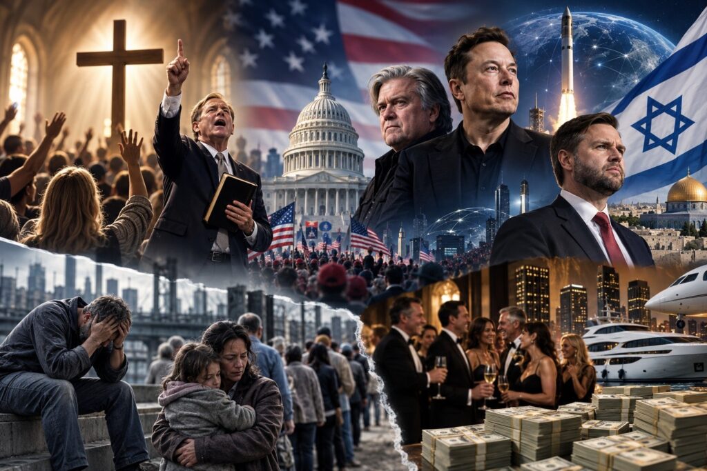 Religion, politics and inequality in a changing America. Conservative evangelical Christianity and Catholicism have become increasingly intertwined with political currents emphasizing nationalism and national sovereignty, while powerful technology figures have gained greater political influence. At the same time, the widening contrast between economic insecurity and extraordinary concentrations of wealth has deepened distrust of the country’s political and economic system. | Image: INPS Japan