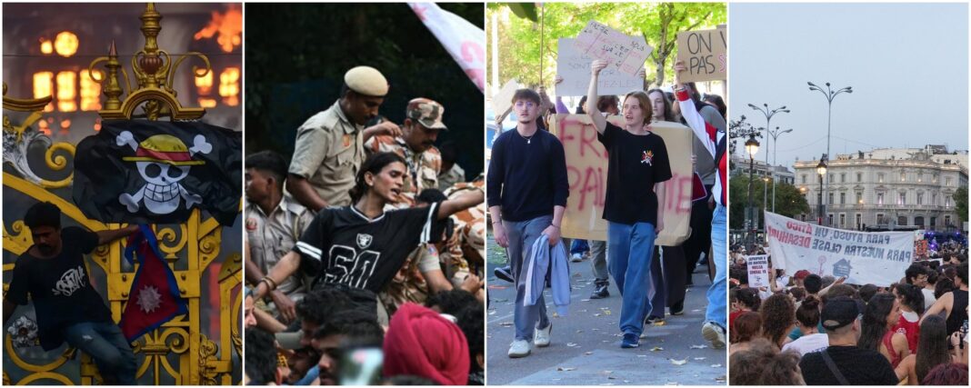 (From left to right) Protests in Nepal, India, France, and Spain.　Nepali Times