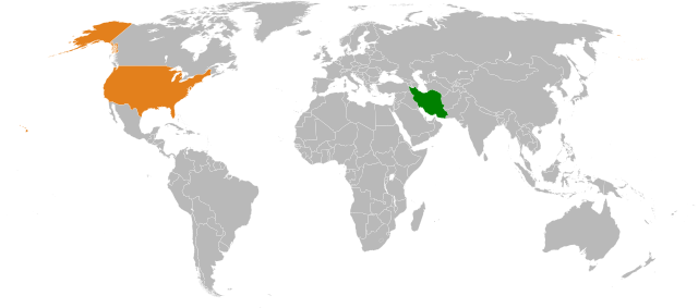 Map showing locations of Iran and the USA/ Wikimedia Commons