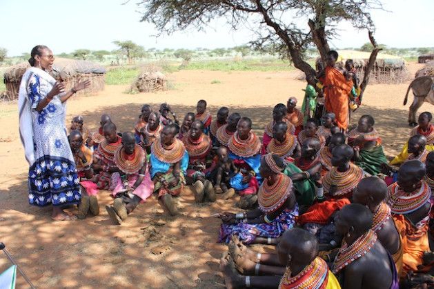Jane Meriwas (l) addresses women from the Samburu community, in Kipsing Plains in Kenya’s Rift Valley region, about harmful cultural practices. Courtesy: Jane Meriwas