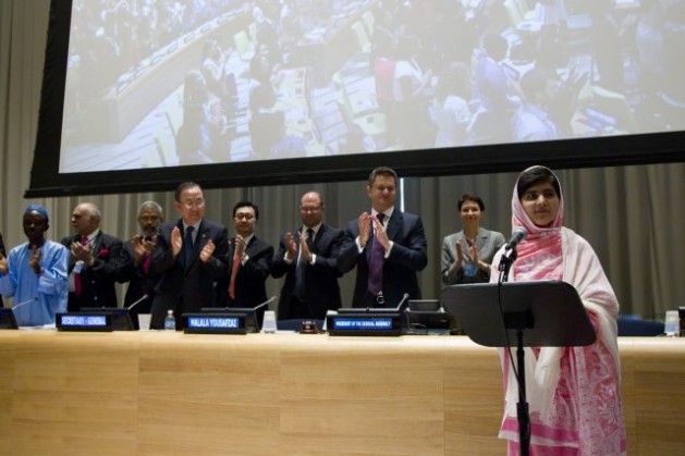 Malala Yousafzai (right), the young education rights campaigner from Pakistan, speaks at the “Malala Day” UN Youth Assembly. Credit: UN Photo/Rick Bajornas