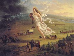 This painting shows "Manifest Destiny" (the belief that the United States should expand from the Atlantic to the Pacific Ocean). This popular scene of people moving west captured the view of Americans at the time. Called "Spirit of the Frontier" and widely distributed as an engraving portrayed settlers moving west, guided and protected by Columbia (who represents America and is dressed in a Roman toga to represent classical republicanism) and aided by technology (railways, telegraph), driving Native Americans and bison into obscurity. The technology shown in the picture is used to represent the outburst of innovation and invention of modern technology. It is also important to note that Columbia is bringing the "light" as witnessed on the eastern side of the paintings she travels towards the "darkened" west./ Public Domain