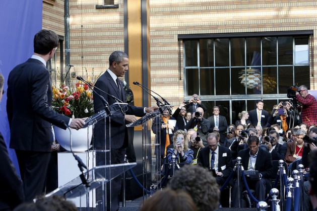 U.S. President Barack Obama speaks at the Nuclear Security Summit 2014, with Dutch Prime Minister Mark Rutte (far left). Credit: Dave de Vaal/cc by 2.0
