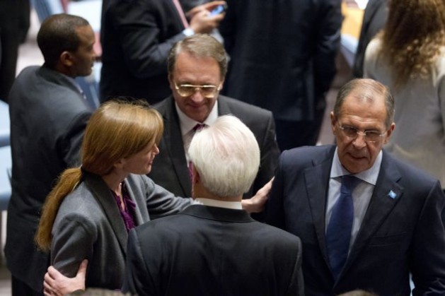 U.S. Permanent Representative Samantha Power (left) speaks with Russia's Foreign Affairs Minister Sergey Lavrov (right), and Vitaly Churkin (back to camera), Russia's Permanent Representative, in happier times, prior to a unanimous vote by the Security Council on Syria's chemical weapons stockpiles. Credit: UN Photo/Paulo Filgueiras