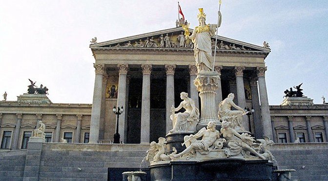 The Parliament Building in Vienna, Austria. In the foreground, the fountain with the statue of Pallas Athena. Credit: Manfred Werner / Tsui| Wikimedia Commons