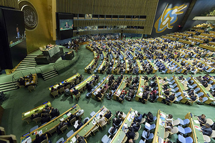A view of the General Assembly Hall as Deputy Secretary-General Jan Eliasson (shown on screens) addresses the opening of the 2015 Review Conference of the Parties to the Treaty on the Non-Proliferation of Nuclear Weapons (NPT). The Review Conference is taking place at UN headquarters from 27 April to 22 May 2015. Credit: UN Photo/Loey Felipe