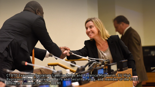CTBTO Executive Secretary Lassina Zerbo with Federica Mogherini, EU High Representative for Foreign Affairs and Security Policy, and member of the CTBTO Group of Eminent Persons (GEM). Credit: CTBTO