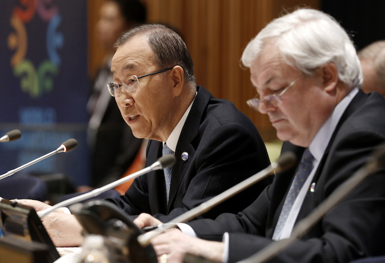 Photo: Secretary-General Ban Ki-moon (left) addresses a meeting to brief Member States on April 4, 2016 on the preparations for the World Humanitarian Summit (WHS), set for 23-24 May in Istanbul, Turkey. At his side is Stephen O'Brien, Under-Secretary-General for Humanitarian Affairs and Emergency Relief Coordinator. Credit: UN Photo/Evan Schneider