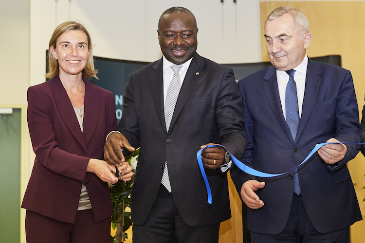 Opening of the CTBT exhibition in the Vienna International Centre's Rotunda on the occasion of the CTBTO20 Ministerial Meeting June 2016. From left: Federica Mogherini, EU High Representative for Foreign Affairs and Security Policy, CTBTO Executive Secretary Lassina Zerbo and Lazӑr Comӑnescu, Foreign Minister of Romania.