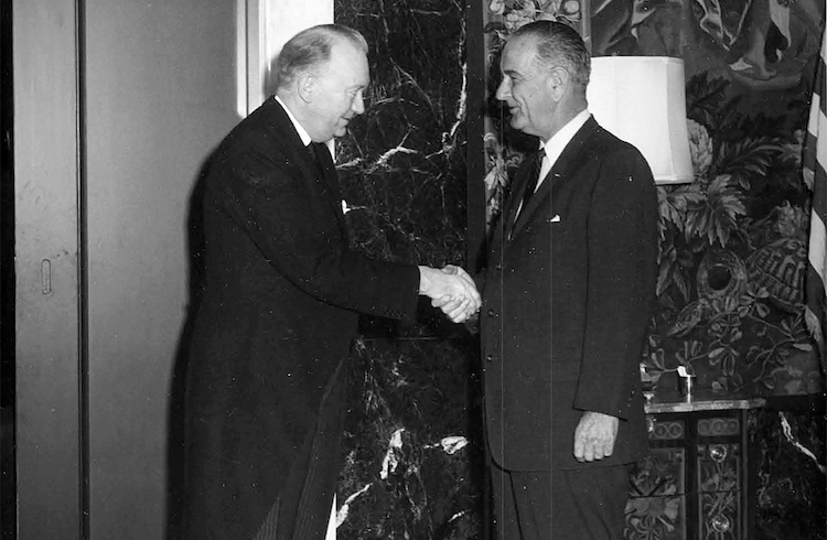 Icelandic Foreign Minister Gudmundsson greeting U.S. President Lyndon B. Johnson during John F. Kennedy’s funeral, November 1963. A few years earlier he had asked Ambassador Tyler Thompson whether the U.S. was storing nuclear weapons in Iceland. Credit: National Archives, Still Pictures Branch, RG 59-PR, box 9.