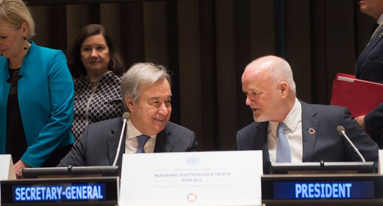 UN Secretary-General Guterres (left) and General Assembly President Thomson at the high-level dialogue on January 24. / UN photo