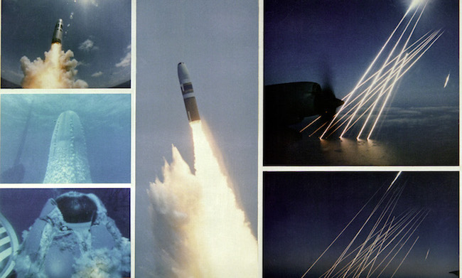 Montage of an inert test of a United States Trident SLBM (submarine launched ballistic missile), from submerged to the terminal, or re-entry phase, of the multiple independently targetable reentry vehicles. /Wikimedia Commons.