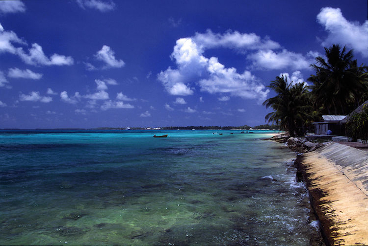 A beach at Funafuti atoll, Tuvalu, on a sunny day. Credit: Wikimedia Commons.