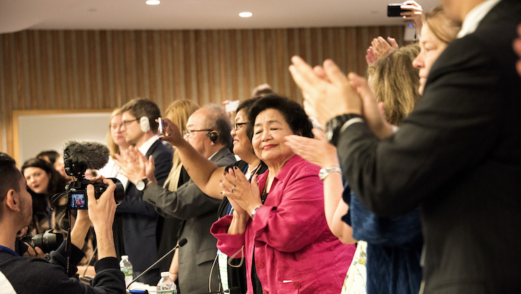 Applause for adoption of the UN Treaty Prohibiting Nuclear Weapons on July 7, 2017 in New York. Credit: ICAN