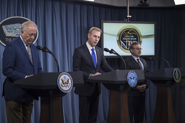 Photo: Deputy Defense Secretary Patrick M. Shanahan, center, Undersecretary of State for Political Affairs Thomas A. Shannon Jr., left, and Deputy Energy Secretary Dan Brouillette brief the press on the 2018 Nuclear Posture Review at the Pentagon, Feb. 2, 2018. DoD photo by Navy Petty Officer 1st Class Kathryn E. Holm
