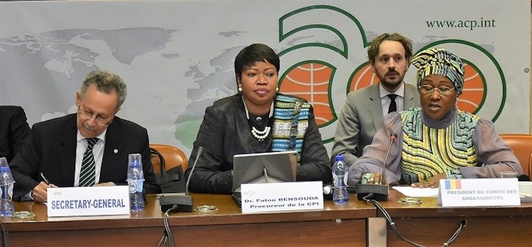 Photo (left to right): ACP Secretary General Dr Patrick I Gomes; ICC Prosecutor Dr Fatou Bensouda; and Ambassador Ammo Aziza Baroud of Chad, Chair of the ACP Committee of Ambassadors. Credit: ACP Press.
