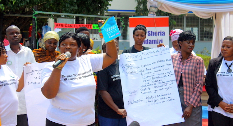 Photo: Women taking part in a demonstration to oppose sextortion in Dar es salaam in 2018. Credit: Edwin Mjwahuzi