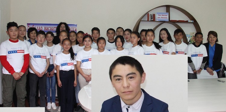 Collage: Afghani teenager Turganbay Abdulbhakhidov with classmates in the background. Photos by Nurbek Bogachiev.