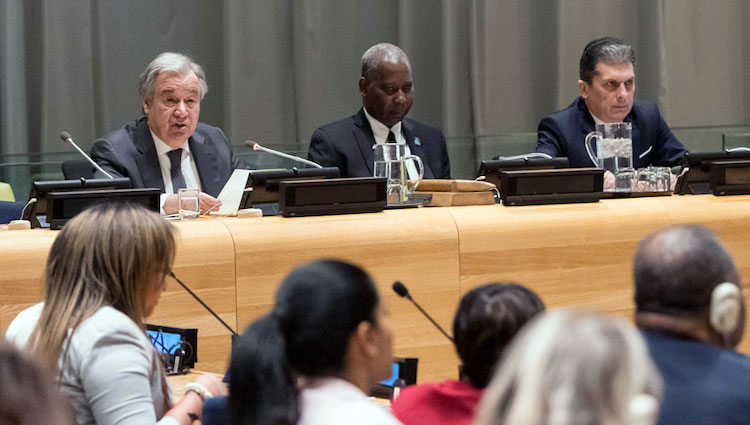 Photo: Secretary-General António Guterres (left) briefs the UN General Assembly on his Priorities for 2020 and the Work of the Organization. Credit: UN Photo/Mark Garten.