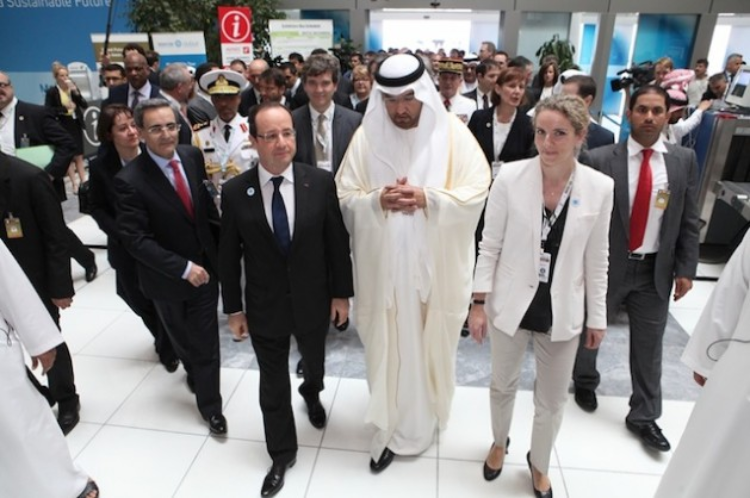 (L-R) French President Francois Hollande; Masdar Managing Director and Chief Executive Officer Dr. Sultan Ahmed Al Jaber and French Environment and Energy Minister Delphine Batho at the World Future Energy Summit 2013 in Abu Dhabi. Credit: World Furture Energy Summit (WFES)